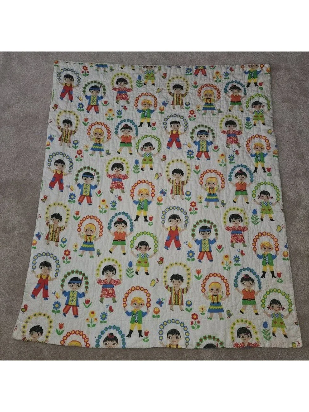 VTG Quilted Blanket 40x47 International Children Handmade ? FLAWS SPOTS AS IS